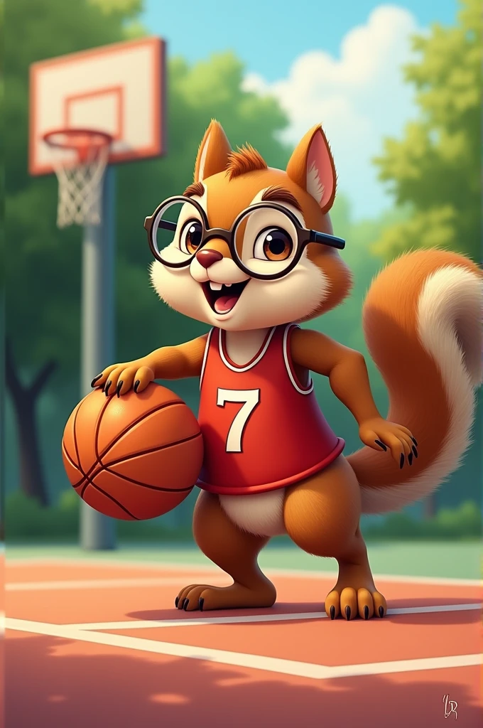 Basketball squirrel with glasses and red jersey number 7