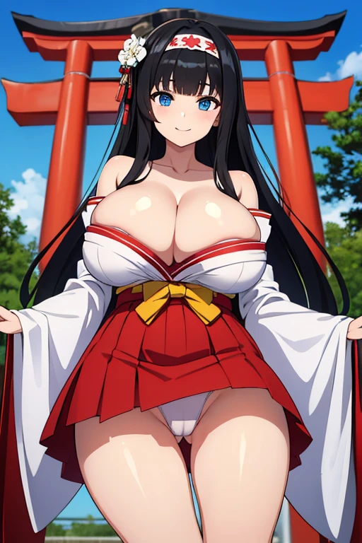 good quality, best quality, highres, absurdres, 8k, 4K, masterpiece, Girl in Japanese shrine maiden outfit, (Hime cut), (super long black hair),(((straight bangs, blunt bangs))),(White headband), Blue eyes, hair ornament, ribbon, smile, Showing her breasts, (Huge breasts:1.3), Cleavage, White kimono, Shoulder-exposing sleeves, open-chested costume, Short skirt, Red Skirt, (upskirt), cameltoe, 