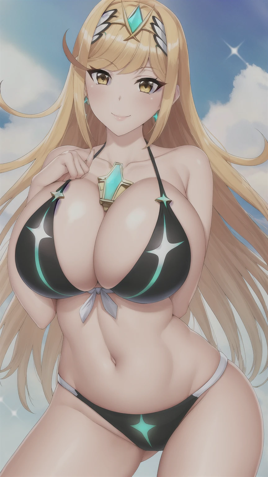 mythra, 1girl, solo, long_hair, breasts, looking_at_viewer, smile, bangs, blonde_hair, large_breasts, yellow_eyes, bikini, Hot cleavage, Big breasts, provocative