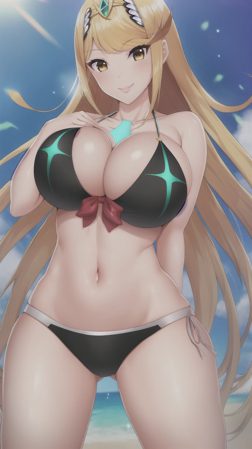 mythra, 1girl, solo, long_hair, , looking_at_viewer, smile, bangs, blonde_hair, large_breastsw_eyes, bikini, Hot cleavage, Big provocati