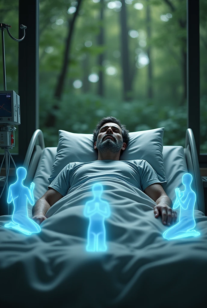 A very serious man intubated with a respirator lying in a bed near a forest where there are 5 souls like holograms praying kneeling