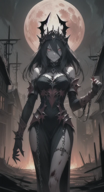 Ancient era, armored, princess Hylexia , blood everywhere, bloodmoon princess drenched in blood, looking at viewer psychotically, creepy smirk, Sharp claws, covered in blood, destroyed village, cursed Triforce, fortress ruins,