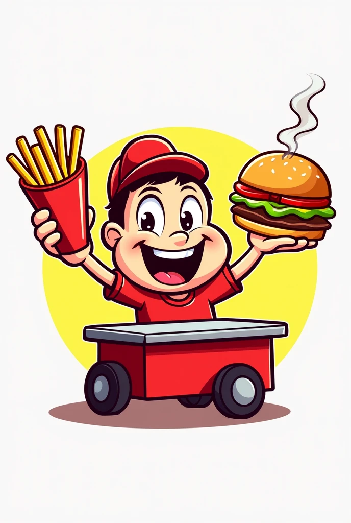 Give me a logo of a fast food cart holding a french fries and a hamburger in its hands