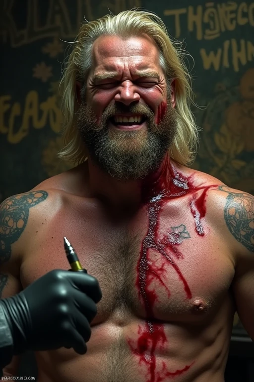 Make a man with long blonde hair, wearing black pants and black boots, screaming in pain while getting red tattoos.