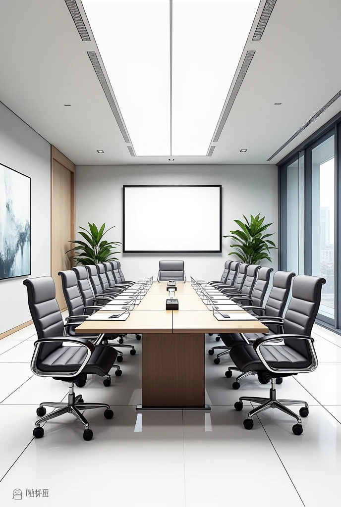 Capturing the attention to detail by drawing a well-organized meeting room with a conference table, chairs, presentation materials, and technological devices. Pay attention to details such as the placement of chairs, the arrangement of paper documents, the neatness of cables, and the clarity of the presentation screen. This drawing will visually depict the importance of attention to detail in creating a professional and effective business environment.