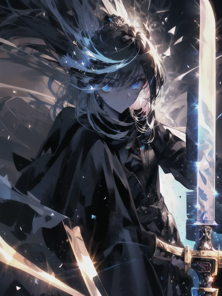 Holding a one-handed sword、Please take the black sword.、((masterpiece, highest quality, Super detailed, High resolution)), alone, beautiful girl, shining eyes, perfect eyes, 15 years old, black white gold theme,