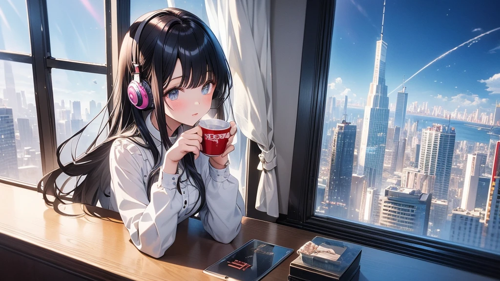 Ultra-high resolution, 8k, (masterpiece, mysterious:1.2), Works by Makoto Shinkaisei, Lo-fi feeling, Perfect human body engineering, 1 female, mysteriousな瞳, Her charm is her beautiful eyes, Idol, White ruffle dress, Shiny long black hair, Larger than average bust, Listening to music through headphones, Looking out the window, Room with musical instruments, city view from the window, impressive cityscape, Bright sky, meteor, Wide-angle, Before dusk, Break time during composition, Coffee in a mug, Beautiful fingers