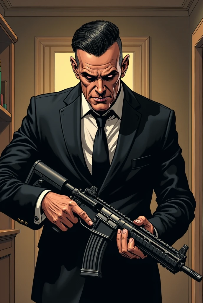 American comic book style, old caucasian man, 50s, short black slick back hair, triangular face, mean face, black eyes, piercing gaze, long nose, small mouth thin lips, clean shaven, endomorph body type in shape, tall, (wearing a normal traditional black suit with a normal black tie), (((draw entire body down to feet))), in a room assembling a gun, comic book drawing, Comics Americans, vignetting, vanishing point, wide shot, UHD, masterpiece, accurate, anatomically correct, textured skin, super detail, high details, high quality, award winning, best quality, highres