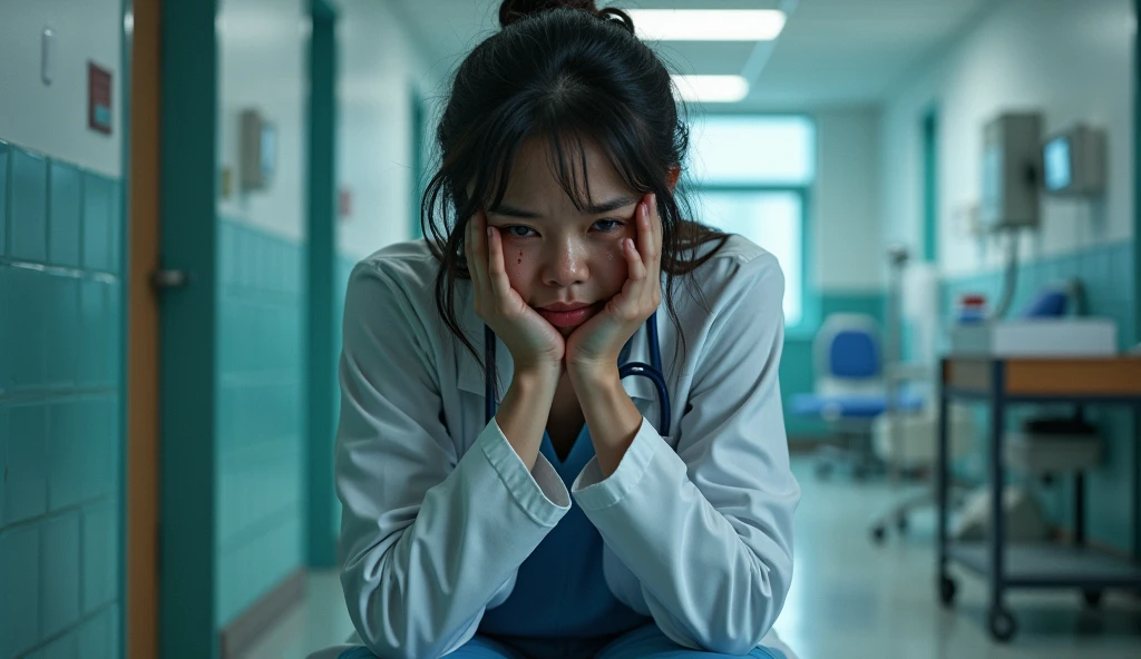 Female doctor crying in hospital with injury