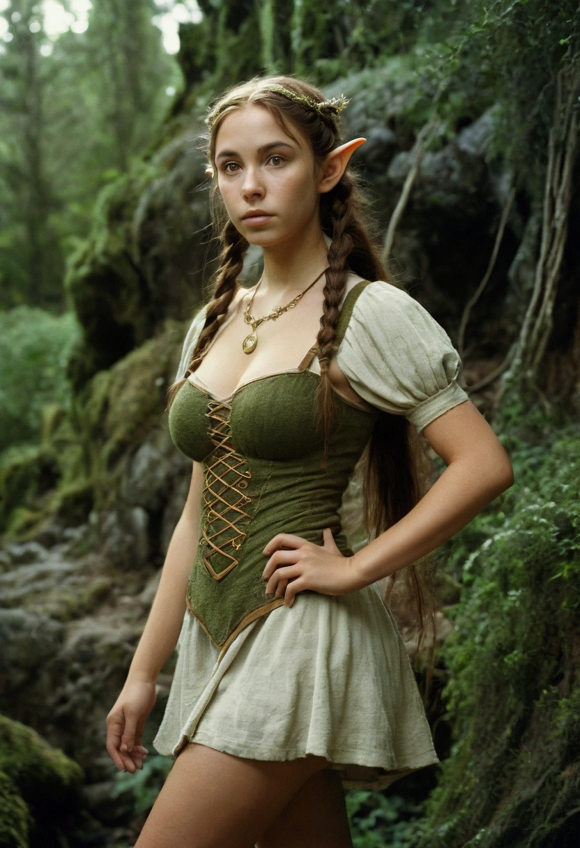 analog film photo, photo of a young elven girl, 18 years old, elf ears, amber eyes, shaggy brunette ponytail, tan complexion, Amazonian stature, voluptuous hourglass figure, busty bosom, narrow waist, full hips, big plump buttocks, wearing a linen mini-dress, strolling through a fantasy landscape, RAW Photograph, dslr, soft lighting, high quality, film grain, Fujifilm XT3, detailed skin with visible pores, insane details, masterpiece, 8k, 35mm photograph, dslr, kodachrome, faded film, desaturated, grainy, vintage, Lomography, stained, highly detailed, found footage, close-up shot, elven ears