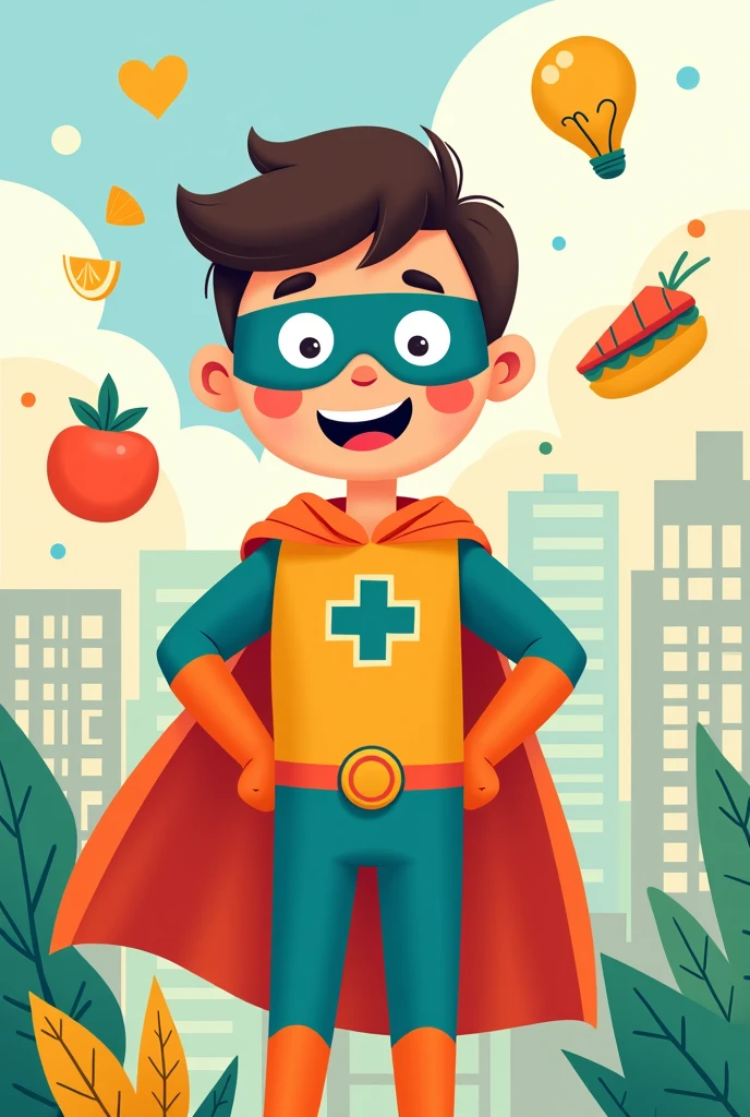 A self-care superhero in a boy version that is easy to draw, that includes elements related to self-care , eat healthy, Do exercise