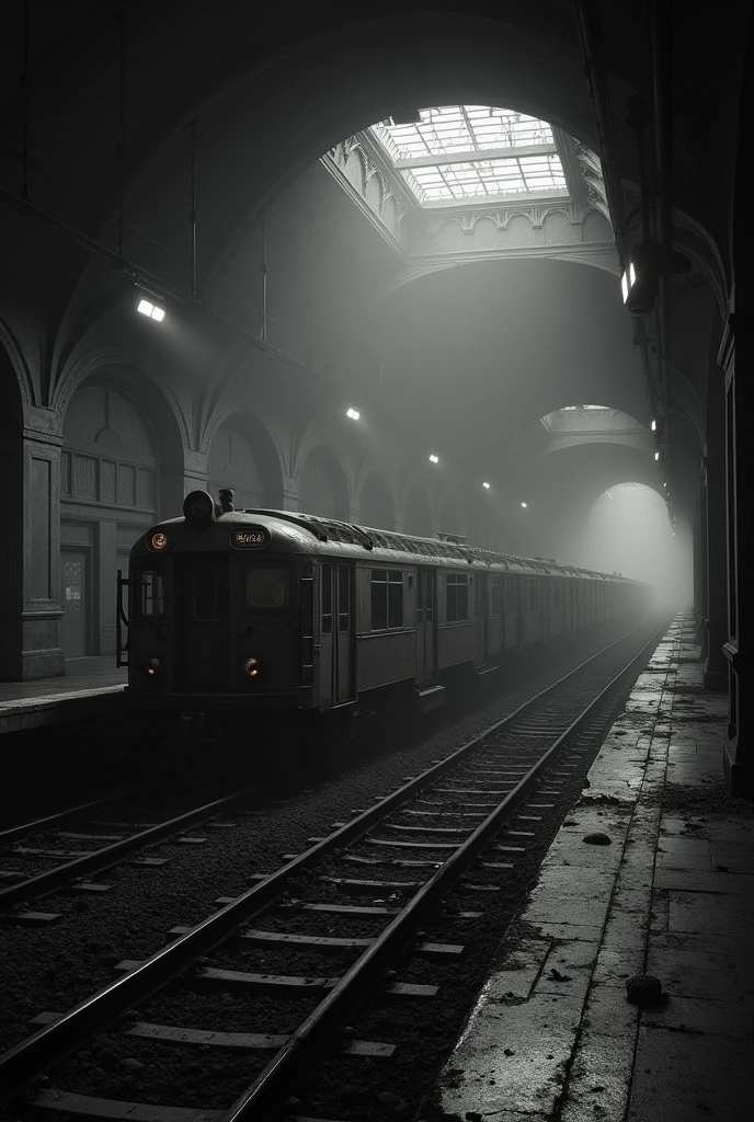 Depict a haunting, eerie scene set in a long-abandoned subway station from the 1920s in the United States. The station, now desolate and forgotten, is shrouded in darkness, with only faint, ghostly light seeping through cracks in the ceiling. The platforms are old and crumbling, covered in dust and debris, giving the entire place a sense of decay and neglect. In the foreground, a rusted and dilapidated train car lies in ruins on the tracks, its once-glorious metalwork now reduced to twisted, corroded scrap. The black-and-white color palette enhances the atmosphere of despair and mystery, with shadows creeping along the walls and a heavy, unsettling silence filling the air. The scene is gloomy and foreboding, evoking a sense of dread as if something unseen still lingers in the depths of the abandoned station.