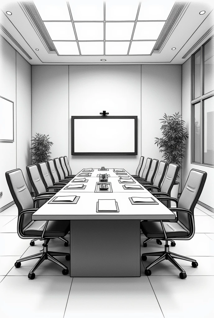 Capturing the attention to detail by drawing a well-organized meeting room with a conference table, chairs, presentation materials, and technological devices. Pay attention to details such as the placement of chairs, the arrangement of paper documents, and the clarity of the presentation report screen. This drawing will visually depict the importance of attention to detail in creating a professional and effective business environment.