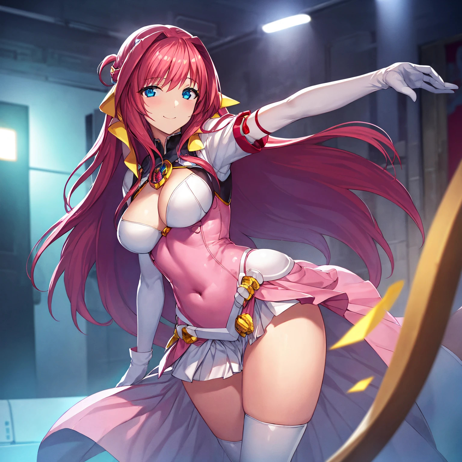 (Ultra extreme detailed),(Masterpiece),(Ultra extreme),(Realistic),CG,(color:1.2), Beautiful lighting,Light from the front, alone,Smiley, Escalayer,pink hair,long hair,hair_ornament,blue eyes,Pink Dress,White long gloves,thigh_boots,large breasts