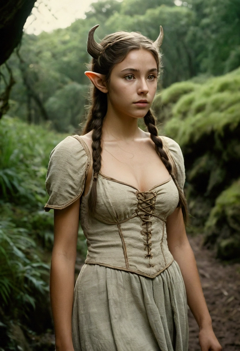 analog film photo, photo of a young elven girl, 18 years old, elf ears, amber eyes, shaggy brunette ponytail, tan complexion, Amazonian stature, voluptuous hourglass figure, busty bosom, narrow waist, full hips, big plump buttocks, wearing a linen mini-dress, strolling through a fantasy landscape, RAW Photograph, dslr, soft lighting, high quality, film grain, Fujifilm XT3, detailed skin with visible pores, insane details, masterpiece, 8k, 35mm photograph, dslr, kodachrome, faded film, desaturated, grainy, vintage, Lomography, stained, highly detailed, found footage, close-up shot, elven ears