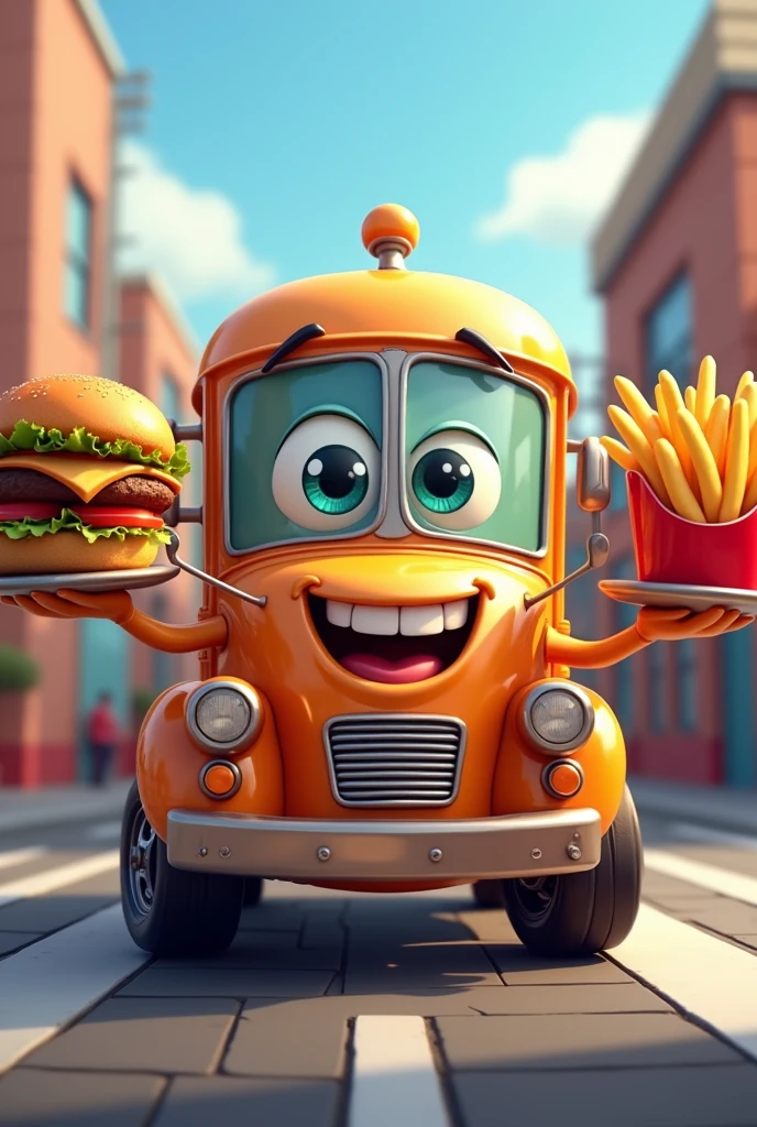 Give me a logo of an animated food truck holding french fries and a hamburger in its hands