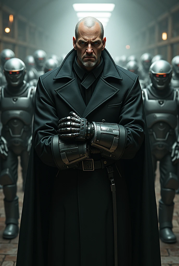 Create an image of a Nazi villain with a mechanical gauntlet on his hand and his scientist ally beside him, with robot soldiers dressed as Germans.