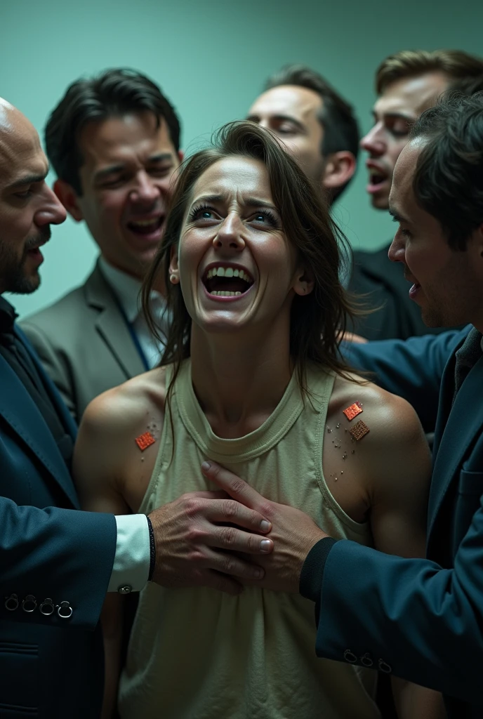 Scenes depicting individuals resisting or being restrained to receive the microchip against their will.