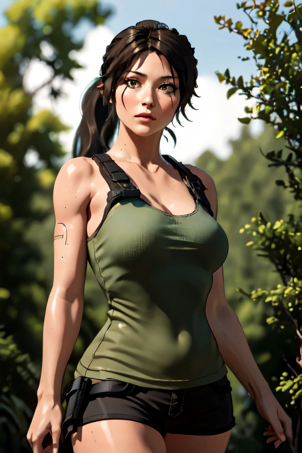 1 girl, Lara Croft, body healed, micro shorts marrom, green short top, eyes browns, ponytail hair, at a forest, super detaill, high resolution, 8k, (Overview), gazing at viewer
