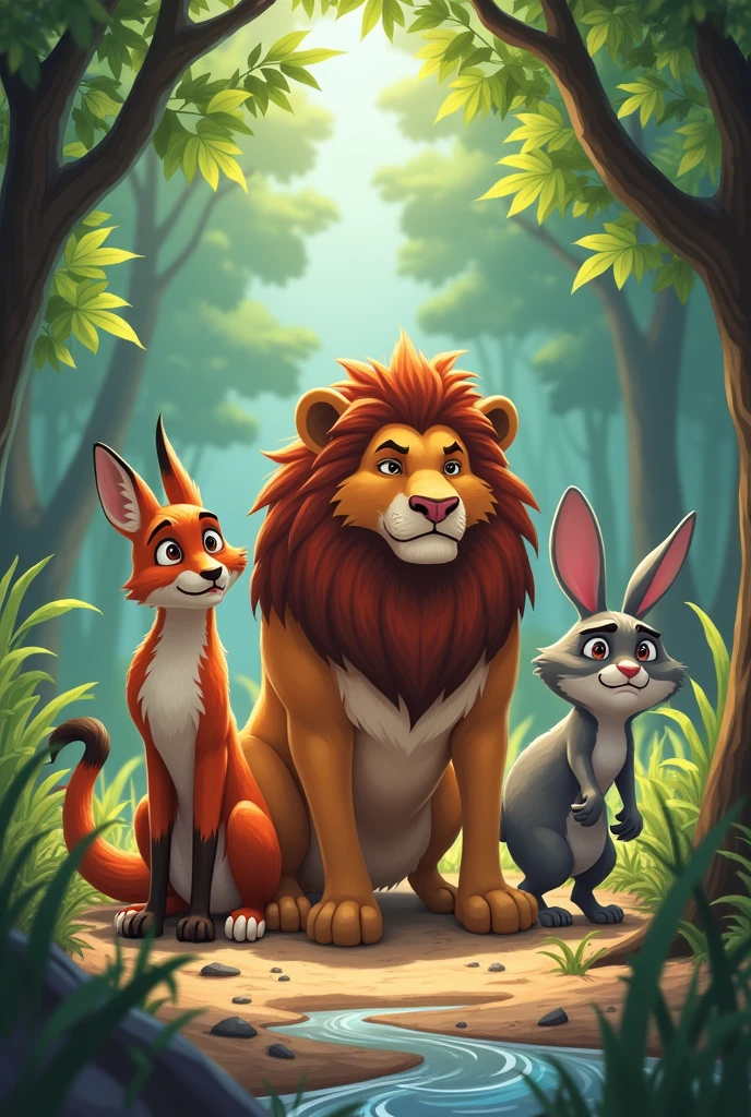 All the animals in the forest are worried due to the lack of water. The clever fox, the strong lion, and the gentle rabbit decide to find a solution to the problem together.