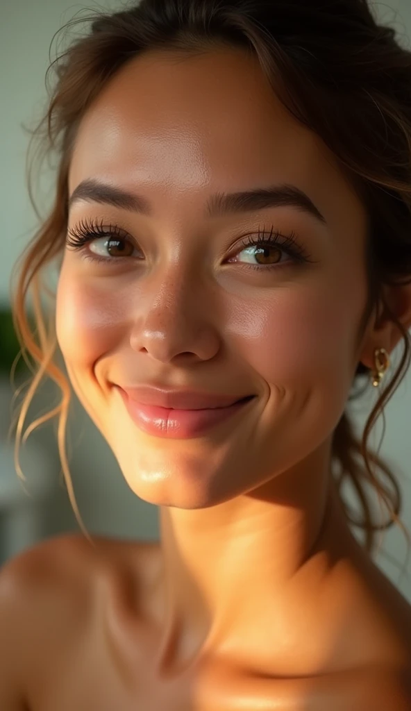 color photo of woman with glowing, hydrated skin,
radiant complexion, youthful appearance,
healthy skin with a natural glow,
soft, supple skin that looks nourished and well-hydrated,
environment filled with soft lighting, cozy ambiance, skincare products scattered around,
feeling of confidence, self-assurance, contentment,
camera settings: Canon EOS 5D Mark IV, Kodak Portra 400 film, 50mm lens, natural light photography techniques,
directors: Quentin Tarantino, cinematographers: Roger Deakins, photographers: Annie Leibovitz, fashion designers: Alexander McQueen, Givenchy
—c 10 —ar 2:3