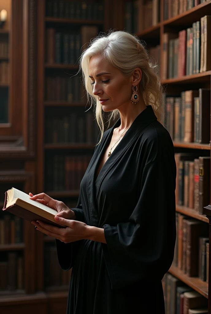 hot milf, black robe, standing, choosing books in an old library, ultra realistic photography, studio photography, 32k, sensual photo shoot