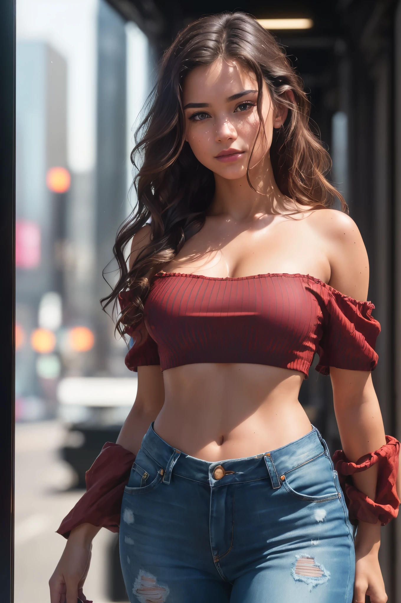 Full face portrait photo of 25 year old European girl, RAW, beautiful woman, semi-open strawberry lip, dimples, wistful expression, (brown hair with extra long wavy), ((detailed face)), ((detailed facial featureine detailed skin), pale skin, cyberpunk megacity environment, (cool color), moist, damp, reflection, (masterpieceShot with Canon EOS R5 (detail) (Realistic photos) (Detailed details) 50mm lens, f/2.8, HDR, (8k) (wallpaper) (cinematic lighting) (dramatic lighting) (sharp focus) (complex), RAW photography, RAW photography, gigachad photography, camera pose, black jeans, back arm, 8k uhd, dslr, high quality, Grain Film, Fujifilm XT3, Film Stock Photo 4 Kodak Portra 400 Camera F1.6 Lens Rich colors Ultra-realistic textures Dramatic lighting Unreal Engine Art Station Trends Cinestill 800 Tungsten, Toughboy Style, Ultra Focus Face, Intimidating, Fighting Position, Short Messy Hair, Muscles, Bursting Veins, Beads, (( off-shoulder crop top)),