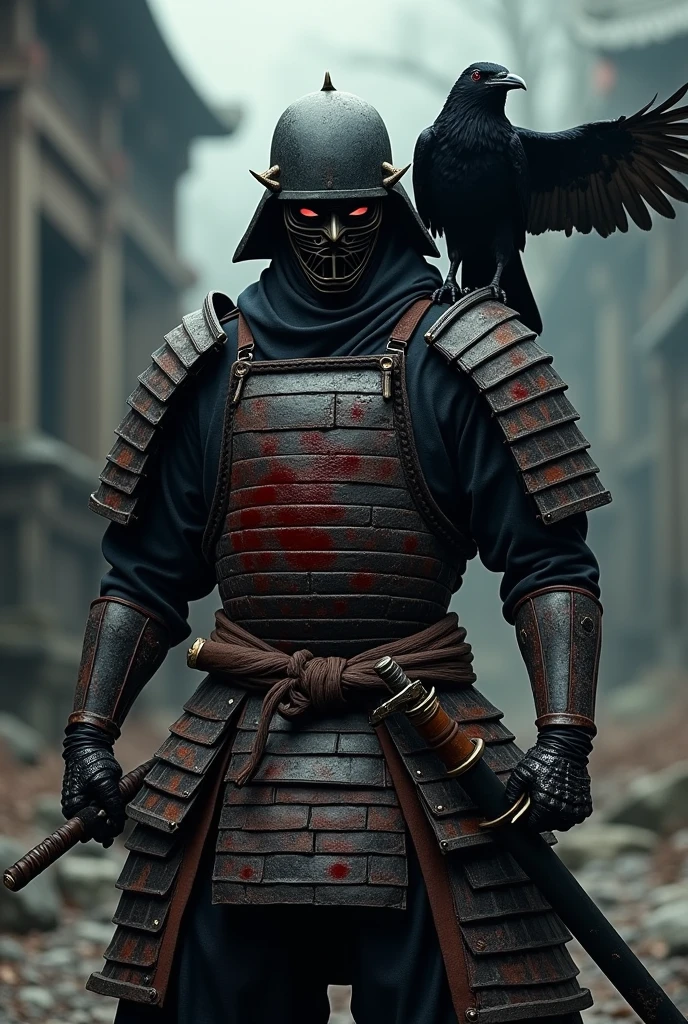 Create a bloody samurai with his mask, holding a katana and with a crow on his shoulders.