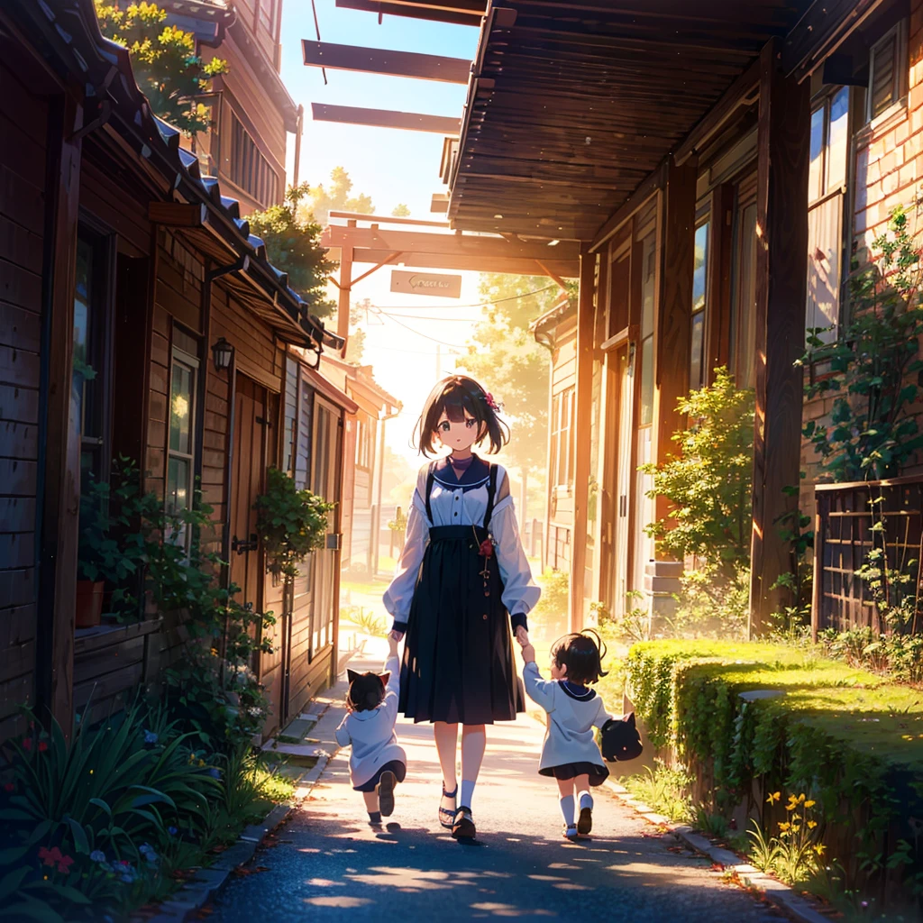 {{{Masterpiece, highest quality, high resolution background}}}, bright and beautiful atmosphere, 1 girl (7 years old, round face, baby face), small breasts, girl walking with many cats, very beautiful park, Cute clothes, family walking with children, "deltamon_sdXL :0.73)>Deltamon"
