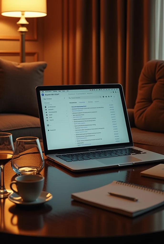 A sumptuous environment with high-end furniture. in the spotlight, an open laptop screen, displaying a school blog, while in the background, there is a coffee table with drinking glasses, suggesting a moment of interrupted leisure.realisitic,cinematic, 8k 