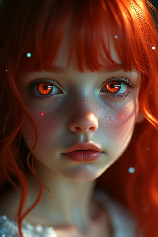 1 girl, star eye, blush, perfect lighting, Red hair, Eyes red, engine unreal, side lighting, face detailed, bangss, shining skin, simple background, darkness background