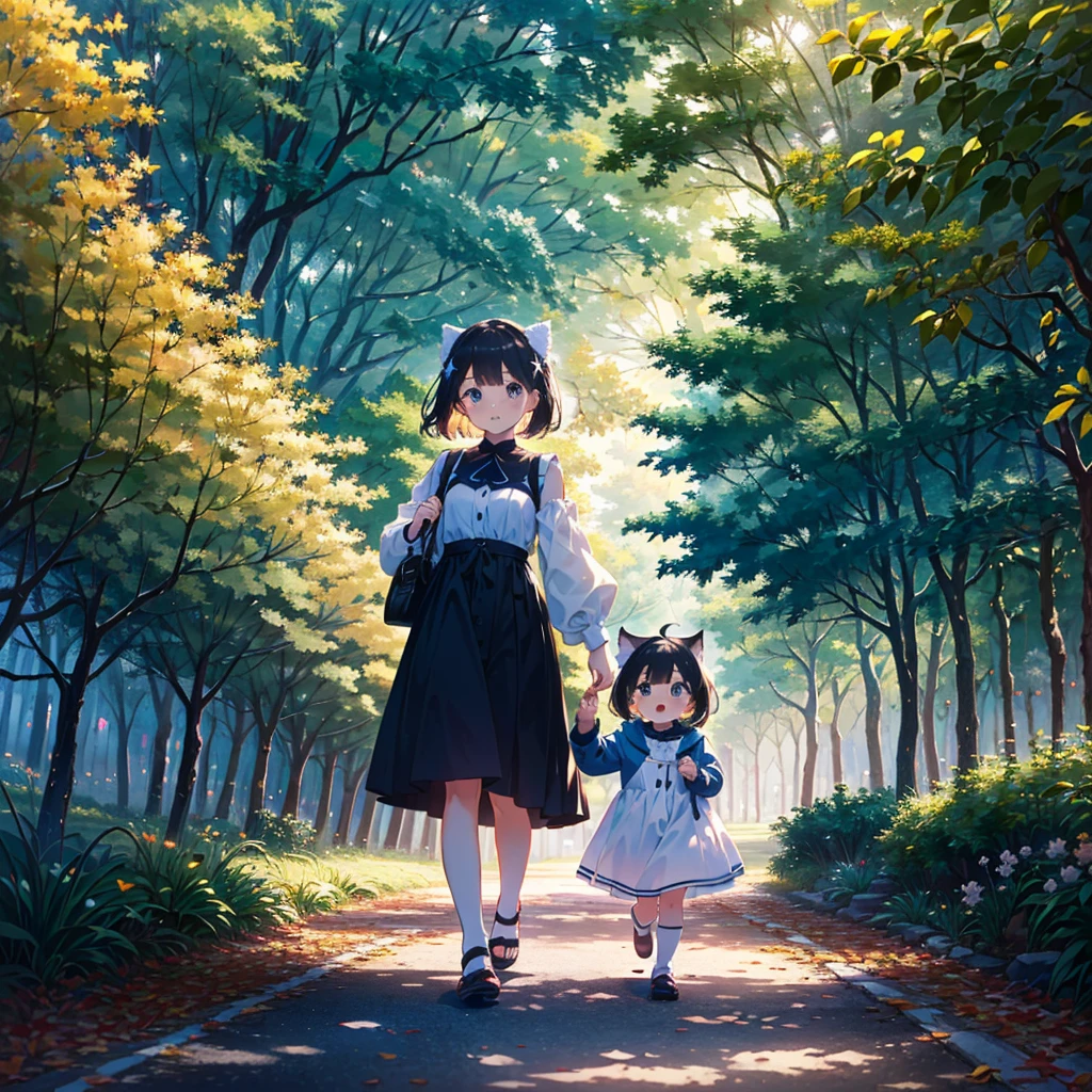 {{{Masterpiece, highest quality, high resolution background}}}, bright and beautiful atmosphere, 1 girl (7 years old, round face, baby face), small breasts, girl walking with many cats, very beautiful park, Cute clothes, family walking with children, "deltamon_sdXL :0.73)>Deltamon"