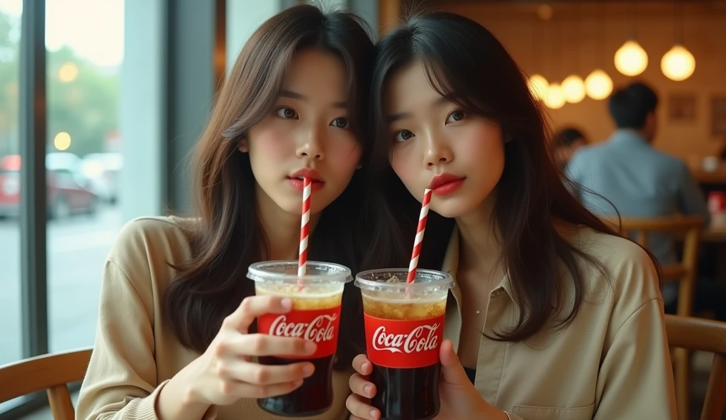 Two beautiful Korean girls are sitting drinking coca-cola in a cafe, cinema lighting, real photo, advertising style, daylight, cold light,