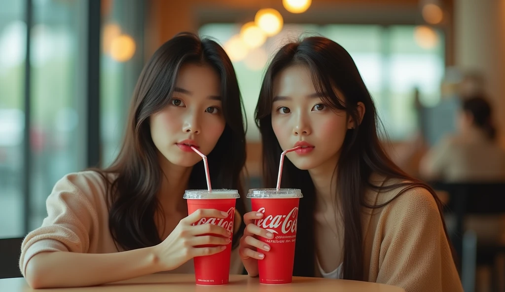 Two beautiful Korean girls are sitting drinking coca-cola in a cafe, cinema lighting, real photo, advertising style, daylight, cold light,