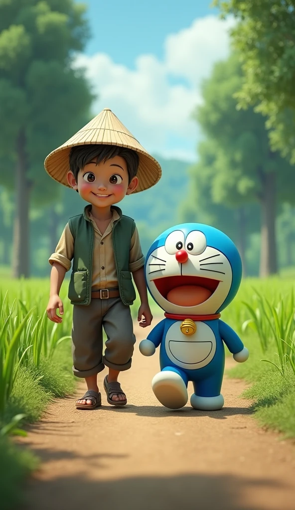Chú Tâm, the farmer, walks down the road with the large Doraemon wearing a conical hat., The scenery on both sides is trees,grass, Rice fields. Sharp 3D image