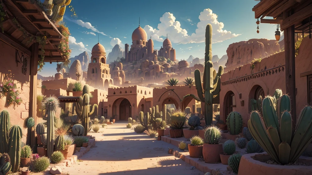 (masterpiece)),((Highest quality)),((High Detail)),nobody,background, fantasy,A city in the desert, Cactus, oasis