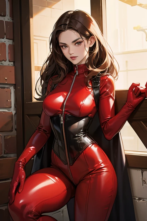 A middle-aged brunette woman wearing a red enamel catsuit with a black corset over it and black enamel gloves.　Torture chamber
