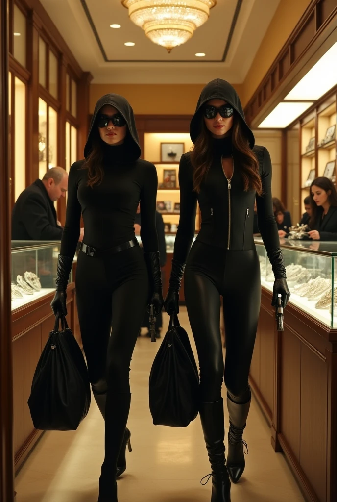 scarlett johansson et natalie portman qui vont canbriloage en tenue de Black widow avec une cagoule avec des trou niveau des yeux dans un magasin pour ramasser les bijoux des gens pistolet et des sac 