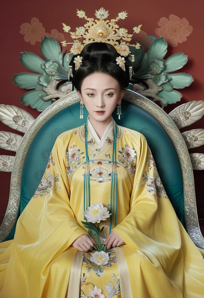 From the pre-Qing period, The Empress sits naked on a large golden sofa in the palace, Her legs were spread, At the Chinese court during the Qing Dynasty, Empress of the Qing Dynasty, Wearing the great crown of the Chinese Empress, Belly and thighs visible from below.。She is completely naked, Showing off gorgeous large flowers and hairpins, She tied her hair up and pulled it up, 背景はEmpress of the Qing Dynastyの豪華な宮殿.
