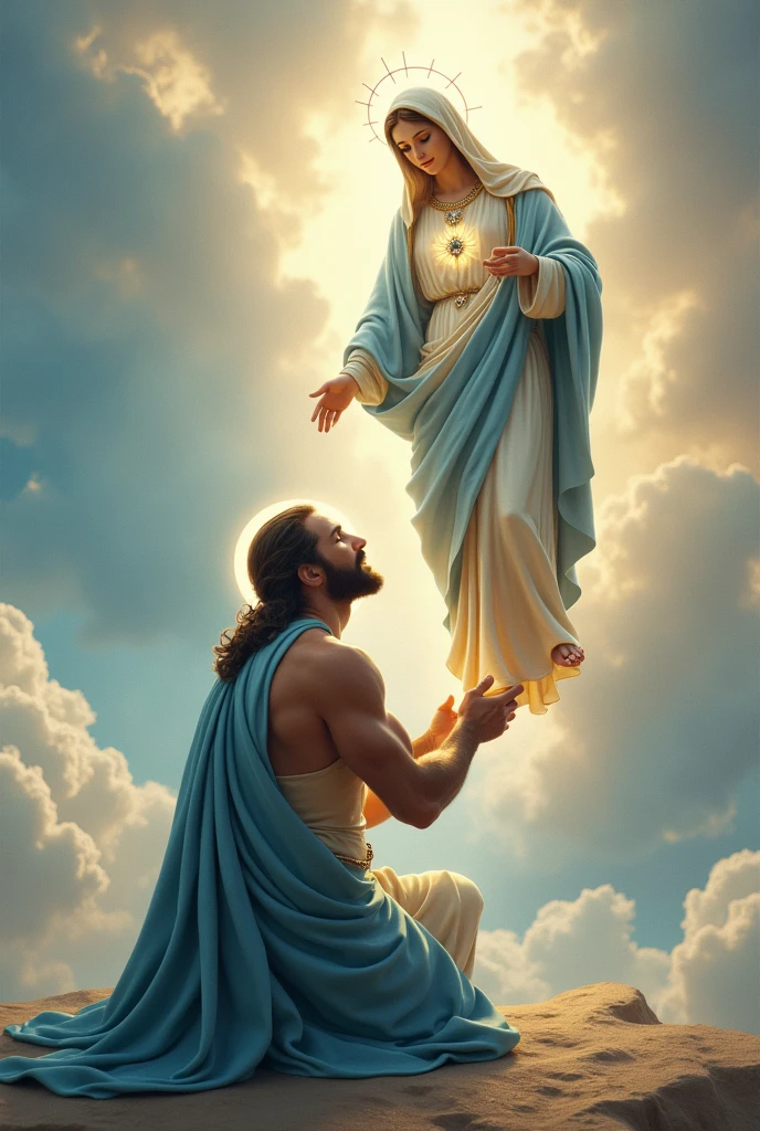 (photorealism:1.2), handsome and hunk Jesus Christ, kneel and kissing  the foot of virgin Mary floating from the heaven that sorrounded of many clouds, wearing and cover his body of the elegant blue gown of the king sorrounded of many diamonds with light in his head and heart spreading all over, the eyes is close while praying, complete five finger, real feet, real beautiful hair, real image, heaven outdoors, bright lighting, clouds in background, beautiful light, real heaven and clouds, relaxed pose, realistic, intricate details, bright colors,