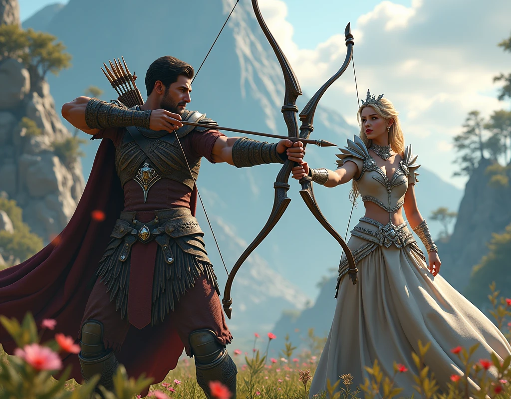 Mythical 3D image of hero and princess two archer wearing leather armour in action pose
