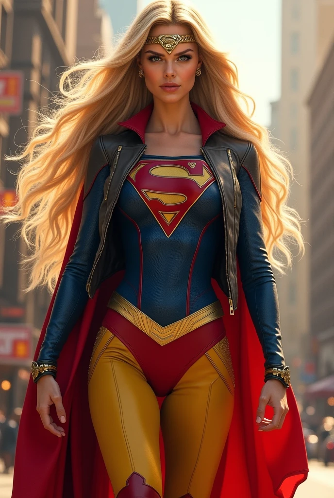 A beautiful woman with long blonde hair three feet long wearing the costume of the Kryptonian Kara Zor-El aka Supergirl Outfit Blue and red leather jacket Red corset with Superman emblem on her chest Yellow leather pants Red knee-high boots with gold trim Long gold bracelets Headband with Superman logo or emblem on her forehead