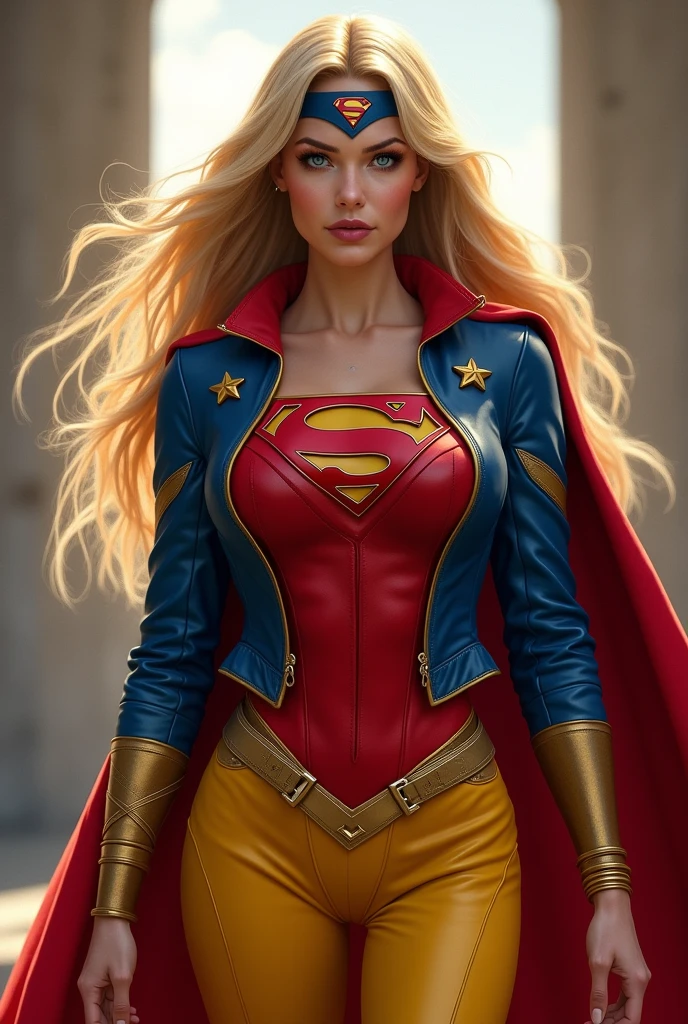 A beautiful woman with long blonde hair three feet long wearing the costume of the Kryptonian Kara Zor-El aka Supergirl Outfit Blue and red leather jacket Red corset with Superman emblem on her chest Yellow leather pants Red knee-high boots with gold trim Long gold bracelets Headband with Superman logo or emblem on her forehead