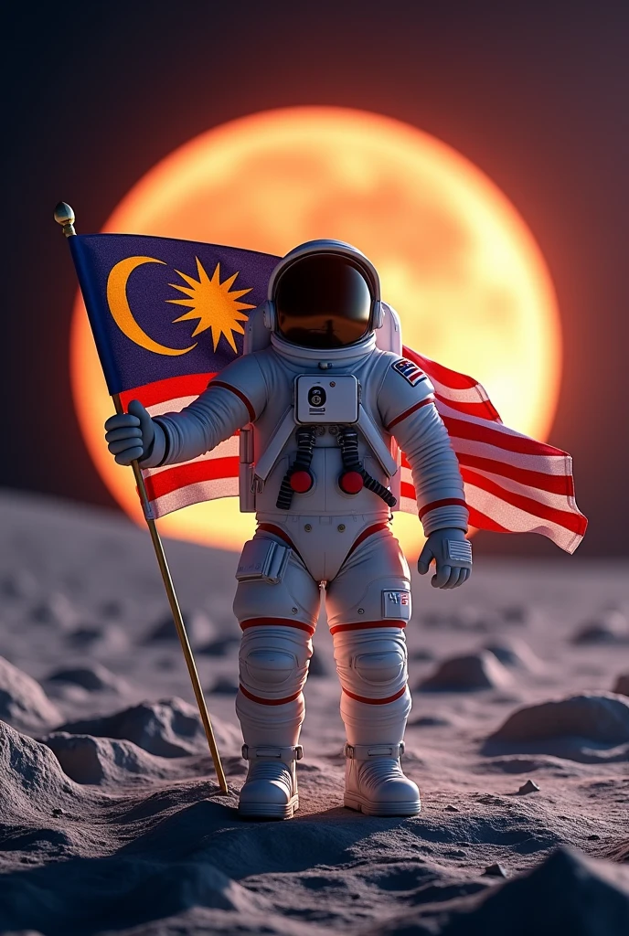 a Malaysia flag on the sun ,Malaysia astronaut holding flag,man height body average 45 year old detailed space suit,detailed Malaysia flag,detailed lunar landscape,dramatic lighting,cinematic angle,hyperrealistic,photorealistic,8k,unreal engine,stunning,vibrant colors,dramatic shadows,volumetric lighting,intricate details