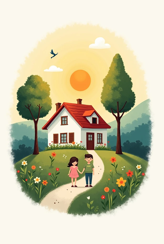 A simple but beautiful family crest to color that contains elements inside the shield such as a house with trees and flowers drawn in the front holding hands with a sunny sunset landscape that symbolize the family SIMPLE DRAWINGS TO DRAW
