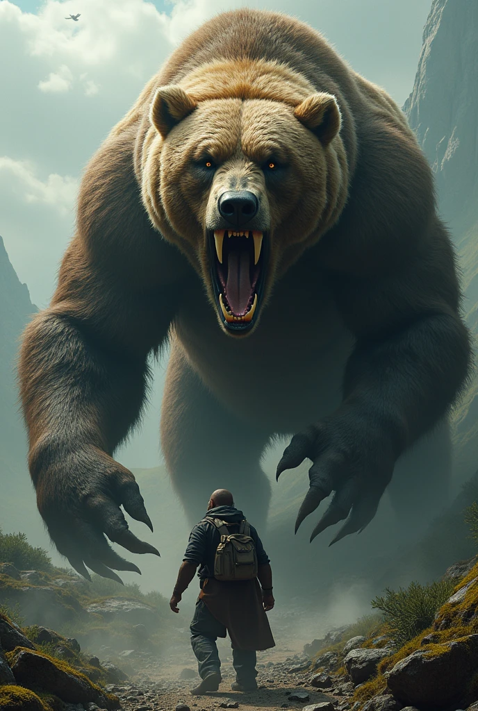 Furry large bear, was waiting for his human to fall from the sky into his mouth. , giant , macro , vore , muscle , View from the sky or from above

