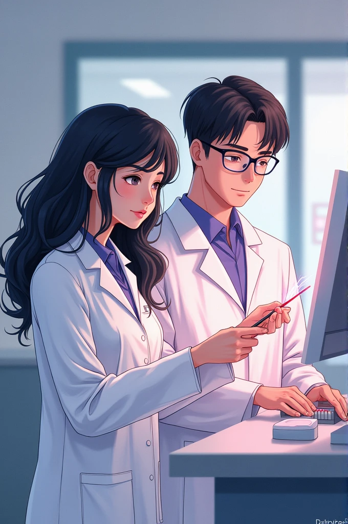 Create an image of two scientists working together in a scientific research lab. One of them is a woman with wavy hair, black and medium length. She must be thinner than the man next to her, but not overly thin, with a concentrated expression when examining data or equipment related to thrombosis. next to her, there is a dark brown haired man, cut in american style, With shorter sides, but not completely shaved. He is a little heavier than the woman, but not obese, just with a fuller body, I want slightly pink details, a little something like that, nothing to do with it, but it has to have a pink in the middle, I want a cleaner palette, I don't want a lot of vibration in the image, I want something related to thrombosis, it has to have something related to thrombosis, Mandatory And remember that the boy has to be fatter than he has to be fat.