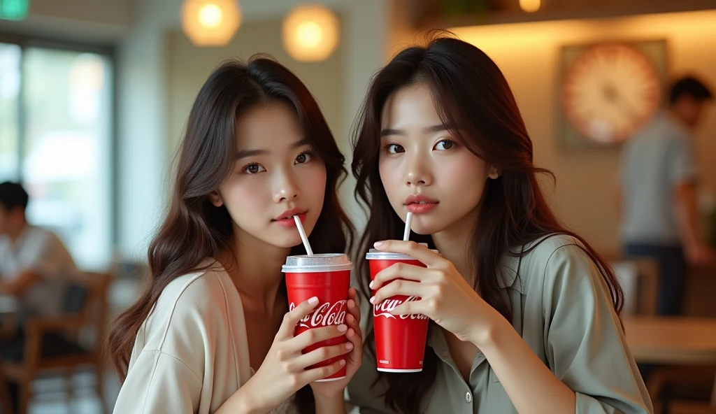 Two beautiful Korean girls are sitting drinking coca-cola in a cafe, cinema lighting, real photo, advertising style, daylight, cold light,