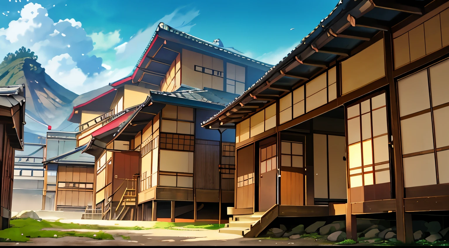 a japanese old house, zoom in, front door, bright and sunlight, (illustration: 1.0), epic composition, realistic lighting, HD details, masterpiece, best quality, very detailed, 8k