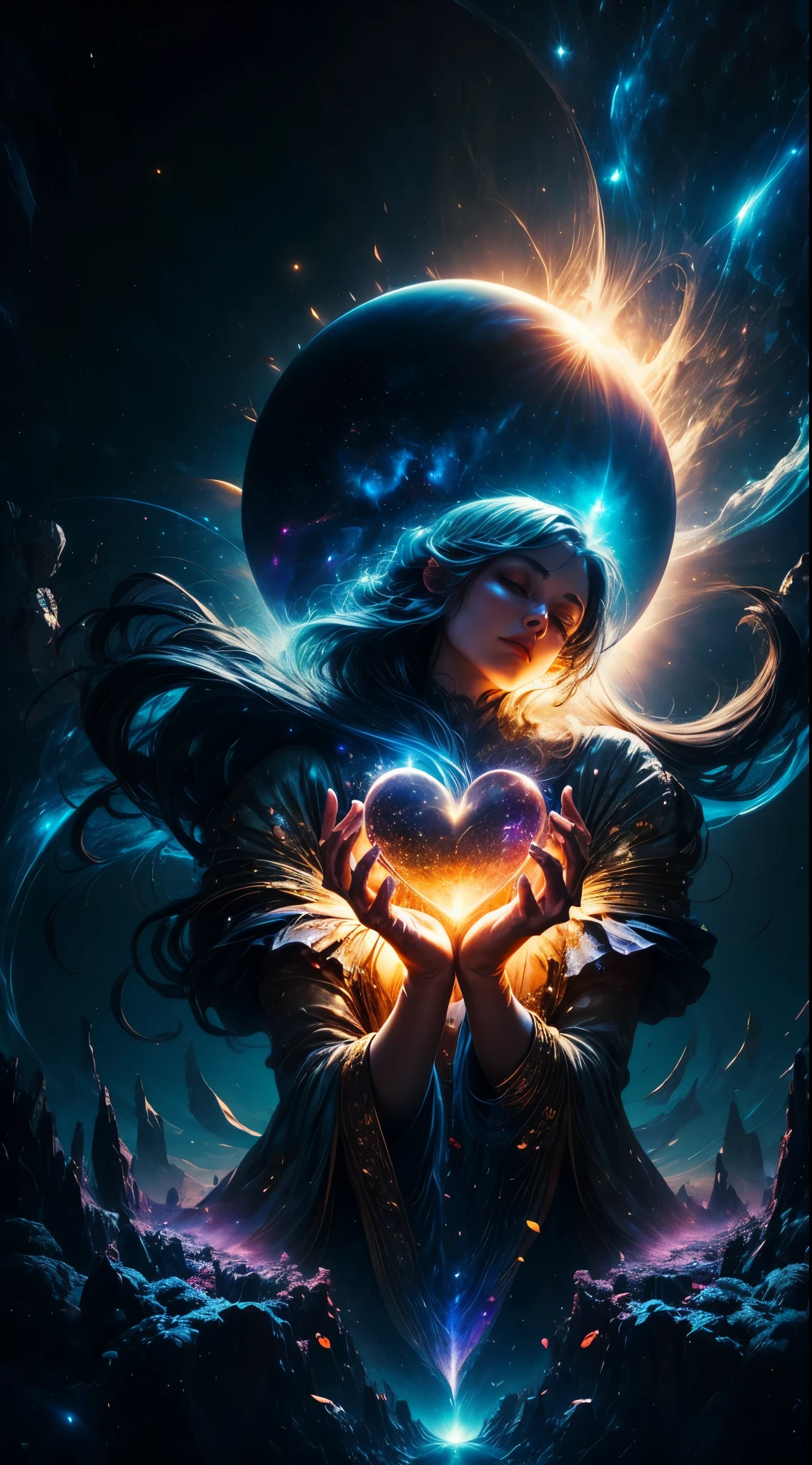 "Por favor, Create an image that represents the fusion of the human heart with the supernatural realm and the vast universe.
Imagine an ethereal and mysterious scenario. No centro da imagem, A human heart shines with a soft, sparkling light. The heart seems to be floating in a translucent mist, evoking a sense of mystery and transcendence.
From the heart, emanates a series of projections, each representing a unique aspect. Some projections take the form of elements of nature, like branches of trees, flower petals or dancing flames, evoking a deep connection to the natural realm.
Other projections extend into outer space, turning into bright constellations, distant galaxies or rays of shooting stars. These cosmic projections symbolize the expansion of human emotion beyond the limits of the Earth, conectando-se ao vasto universo.
A paleta de cores inclui tons de azul celeste, violeta profundo e dourado, Creating a magical and spiritual atmosphere. The soft light emanating from the heart and projections contributes to a sense of peace and awe.
The resulting image captures the idea of a human heart that transcends earthly boundaries, Exploring the Supernatural and Cosmic Realms. This fusion of the human and the divine creates a visual narrative that evokes the search for the deepest emotional connection and the expansion of one's own essence into the vast universe.", superior quality, many details, Puri focus Sharp and realistic
